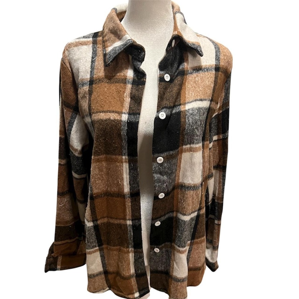Brown and cream plaid Women's  flannel button down shirt - sz Large